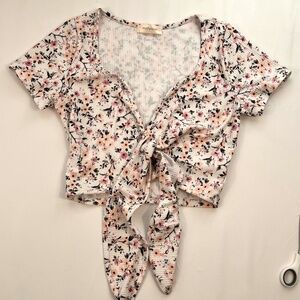 mistyrose Ribbed Floral Front Tie Short Sleeve Crop Top S Y2K Fairy Cottagecore